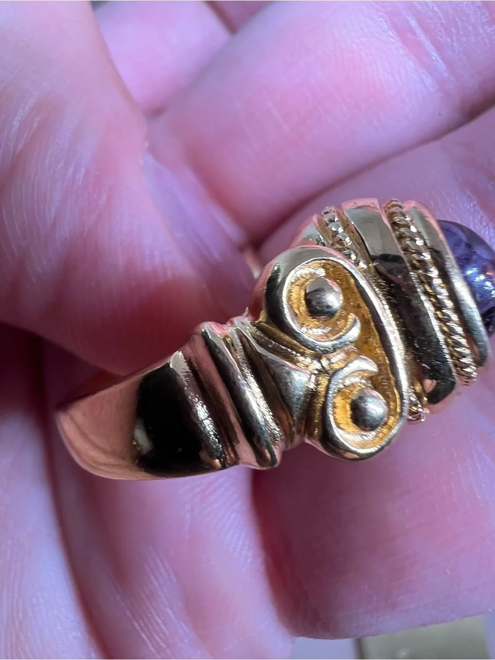 Gold-Tone Women's Ring with Purple Cabochon Stone